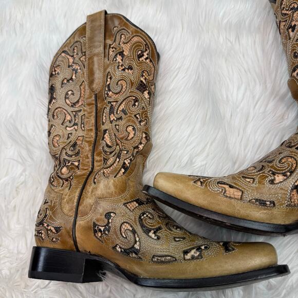 JB Dillon Reserve Women's Brown Cowboy Boots Size 7.5 Snake Print Cutouts - Picture 8 of 16